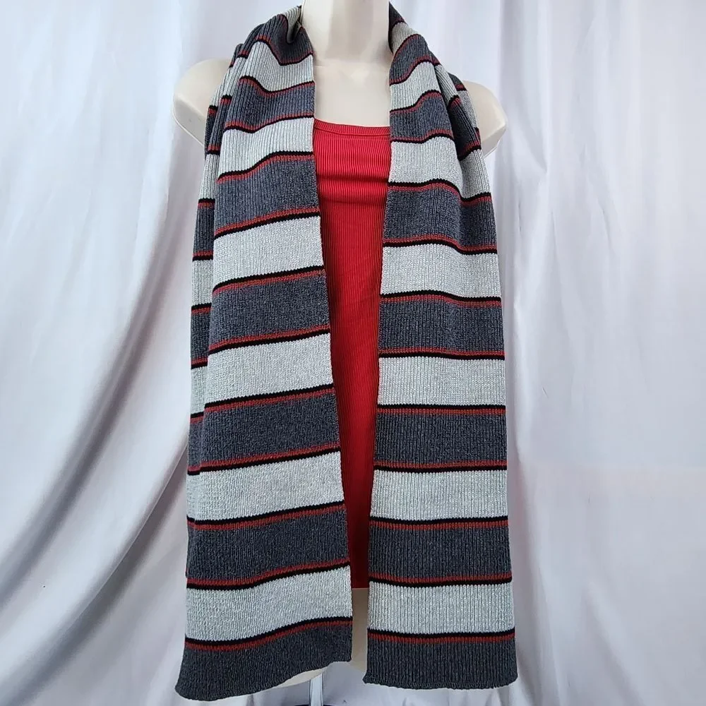 💜Old Navy Gray & Red Colorblock Striped Unisex Cotton Scarf